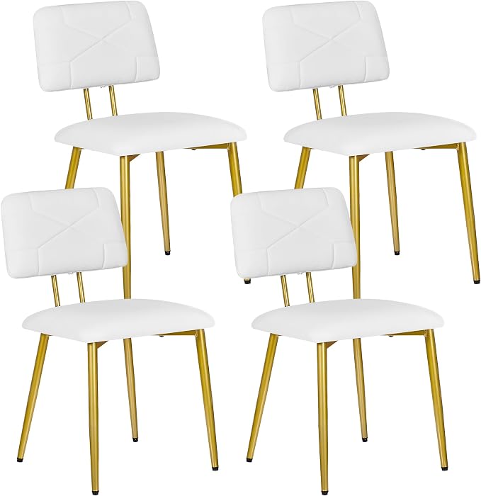 VECELO Dining Chairs Set of 4, Modern Upholstered Kitchen Chairs with Faux Leather Cushion Seat & Metal Legs for Kitchen, Living Room, Tufted Backrest Design, White