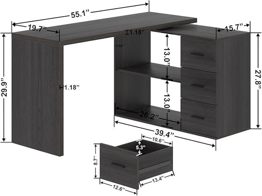 HSH Dark Grey L Shaped Computer Corner Desk with 3 Storage Drawers 55 inch | Reversible Home Office Corner Desk with 2 Open Side Shelves Modern Wood Executive L Desks for Bedroom,Study Workstation