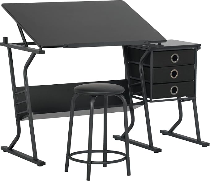 2 Piece Eclipse Ultra Center/Drawing Table with Stool, Angle Adjustable Top, Storage Shelves, and Drawers