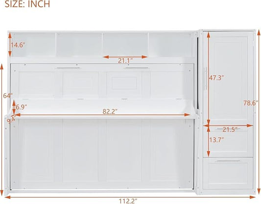 Virubi Queen Murphy Bed with Storage Shelves,Drawers and Wardrobe Closet,Wood Folding Murphy Wall Bed Cabinet (White)