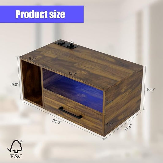 Homaterial Floating Nightstand with Charging Station and LED Lights, Floating Bedside Table with Drawers Wall Mounted Nightstands,for Bedroom Room, 21.3" x 11.8" x 10",Rustic Brown