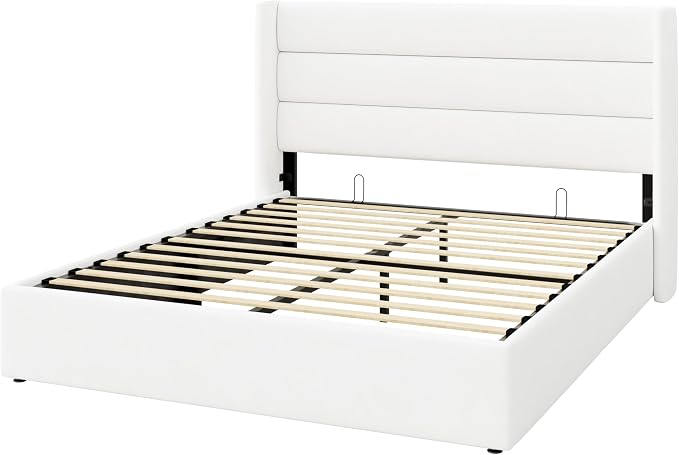 SHA CERLIN Full Size Lift Up Storage Bed/Velvet Upholstered/Modern Wingback Headboard/Upholstered Platform Bed Frame/Hydraulic Storage/No Box Spring Needed/White