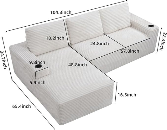 104" L Shaped Boneless Sectional Couches for Living Room, Comfy Corduroy Floor Cloud Sofa with Chaise and Cup Holder, Wide Armrest, Deep Seat, Assembly Free, Ideal for Small Spaces, Beige