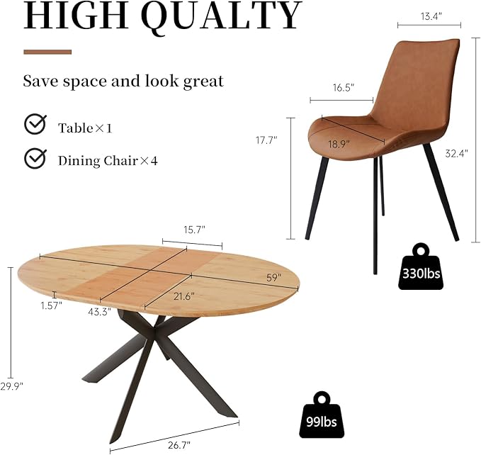 HIPIHOM 43.2"-59.1" Round Extendable Table with 4 PU Chairs | Mid century modern dining set, oak MDF tabletop, sturdy metal legs, space saving, for kitchen & coffee room