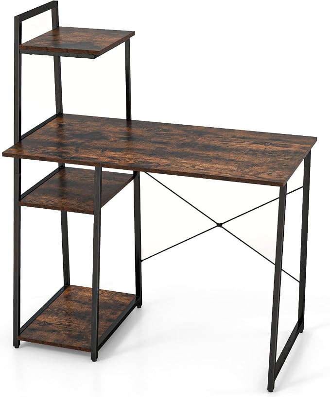 Tangkula Computer Desk with Shelves, Space Saving Home Office Desk with 3-Tier Ladder Shaped Storage Bookshelf, Modern Writing Study Desk with Metal Frame, Compact Computer Workstation (Rustic Brown)