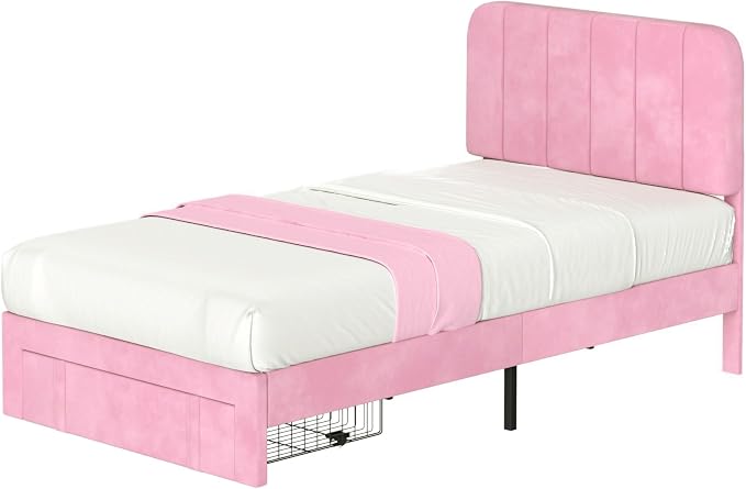 VECELO Twin Size Upholstered Bed Frame with Drawer and Headboard, Velvet Platform Storage Bedframe, Wooden Slats Support, No Box Spring Needed,Pink