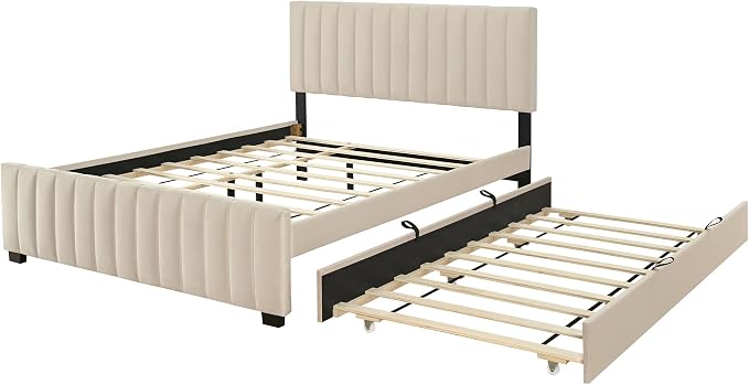 Ball & Cast Queen Bed Frame with Twin XL Size Trundle,Velvet Upholstered Platform Bed Frame Queen Size with Channel Tufted Headboard,Wood Slats Support,No Box Spring Needed,Easy Assembly,Beige