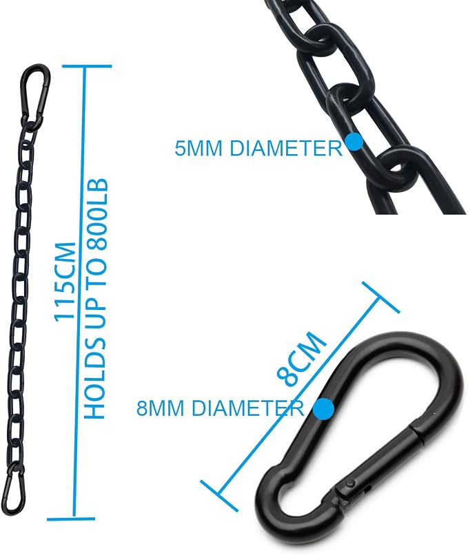 2Pcs Black Heavy Duty Hanging Chains with 4 Carabiners, Chair Hardware for Indoor Outdoor Playground Hanging Chair Hammock Punching Bags 800 LB Capacity (Black Metal Chain-43 Inch-2 Packs)