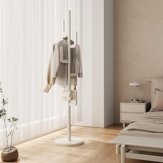 Muwuele Solid Wood Cactus Coat Rack, Freestanding Coat Rack With 6 L-Shaped Hooks and 3 Adjustable Sizes, Coat Tree for Bedroom, Entryway, Livingroom, Coat Hanger Stand for Coats, Handbags (White)