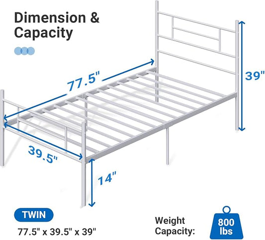 Avenco Metal Platform Bed Frame Twin Size with Classical Headboard and Footboard, 14 Inch, Under Bed Storage, Strong Metal Slats Support, Mattress Foundation, No Box Spring Needed