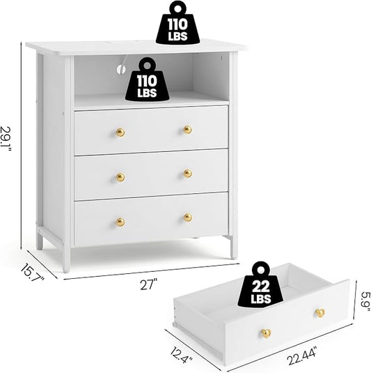 27 Inch LED Nightstand with Charging Station & 3 Drawers, White | Solid Wood and Steel Frame, 2 AC Outlets, 2 USB Ports, RGB App Control, Open Storage, Adjustable Feet, for Bedroom or Office