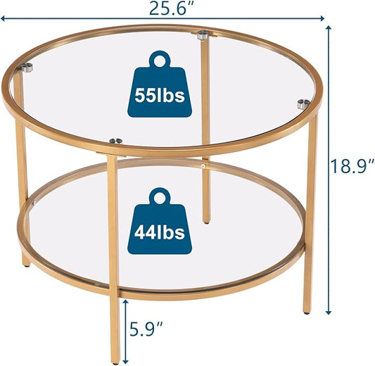 VINGLI 25.6" Round Gold Coffee Tables for Living Room, 2-Tier Glass Top Coffee Table with Storage Clear Coffee, Simple & Modern Center Table for Small Space