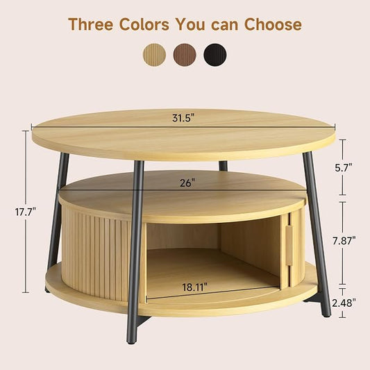 31.5 Inch Round Coffee Table with Storage, Fluted Coffee Tables with 2 Tiers, Mid-Century Modern Center Table with 2 Sliding Doors and Adjustable Footpad for Living Room, Oak
