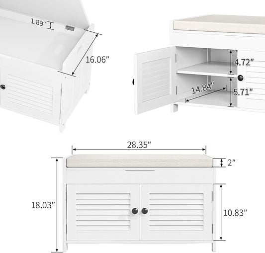 WARMHONIU Shoe Storage Bench with Lift Top Storage, Entryway Bench with Cushioned Seat, Adjustable Shelf, 2 Tier Shoe Rack with Doors for Entryway, Bedroom, Hallway, Mudroom, White