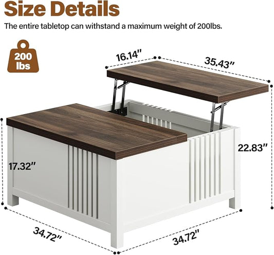 knoworld Farmhouse Lift Top Coffee Table with Storage, 35" Square Large Coffee Table with Hidden Compartment, Rustic Wood Center Table for Living Room, White