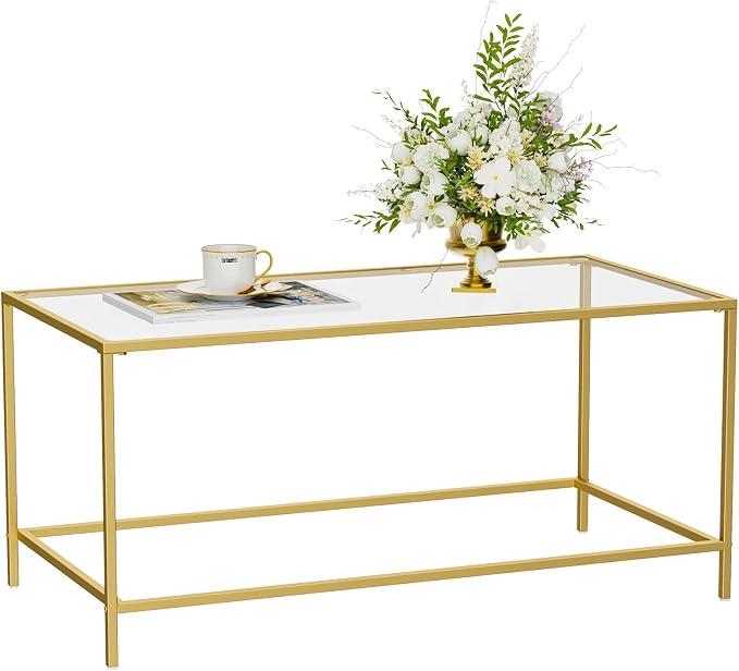 Homleke Glass Coffee Table, Modern Rectangular Coffee Table for Living Room, Minimalist Center Tea Table with Sturdy Metal Frame for Apartment, Office, Easy Assembly, 39.4 x 19.7 x 17.7 Inches, Golden