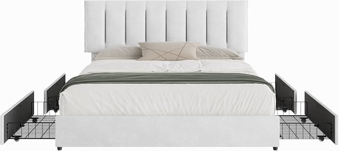 VECELO King Size Bed Frame with 4 Storage Drawers, Adjustable Height Headboard, Heavy-Duty Bedframe with Strong Wooden Slats, No Box Spring Needed, Pure White