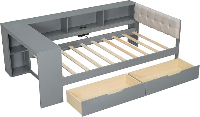 Bellemave Twin Size Corner Bed Frame with Storage Drawers and Desk,Captain Daybed with L-Shaped Bookcase,Corner Bed Frame Twin Size with Charging Station for Kids,Teens,Guests,Gray