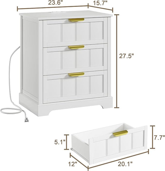 ChooChoo White Nightstand Set of 2, 3 Drawer Night Stand with Charging Station, Larger Bedside Table with USB-C, Modern End Table with Storage for Bedroom