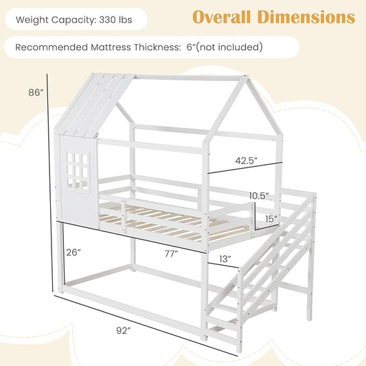 Giantex Twin Bunk Beds with Stairs, Floor House Bed with Roof & Window, Solid Wood Twin Over Twin Bunk Bed with Full-Length Guardrails and Steps, Space-Saving House Bed for Kids, Girls, Boys, White