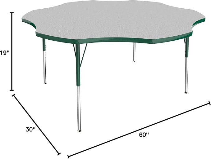FDP Flower Activity School and Office Table (60 inch), Standard Legs with Swivel Glides for Collaborative Seating Environments, Adjustable Height 19-30 inches - Gray Top and Green Edge