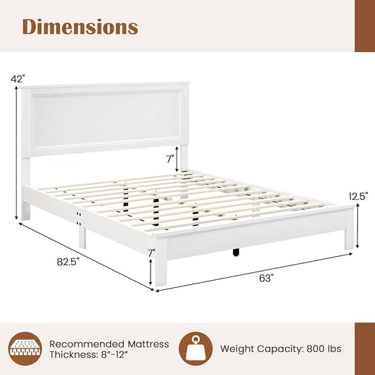 GOFLAME Queen Size Wood Bed Frame, Mid-Century Modern Platform Bed with Headboard, Solid Wood Legs, Mattress Foundation with 12 Wooden Slats, No Box Spring Needed, White