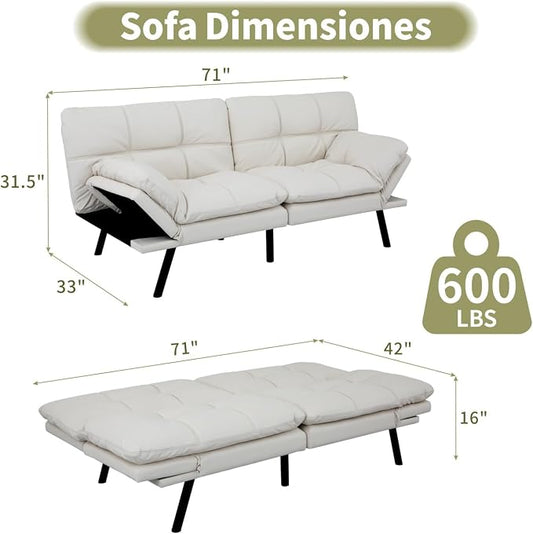Vipbear 71" Futon Sofa Bed - Convertible Sofa Beds/Adjustable Backrest & Armrest, Comfy Loveseat Sleeper for Small Spaces, Apartments & Offices,Faux Leather White Futons
