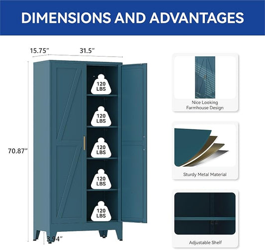 COFaR 71'' Tall Metal Storage Cabinet, Farmhouse Kitchen Pantry Cabinet with Doors and 4 Adjustable Shelves, Metal Pantry Storage Cabinets for Kitchen, Laundry, Peacock Blue 5-Tier