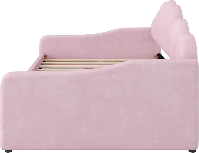 Merax Modern Upholstered Platform Bed Frame with Shall Shaped Backrest & Storage Drawers, Velvet Low Sofa Day Bed, No Box Spring Needed/Easy Assemble/Full,Pink
