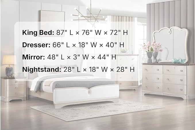 First of a Kind Rose Soft Champagne Finish Traditional 4 Piece King Bedroom Set with Upholstered Tufted Headboard Ornate European Style Coordinated Furniture Collection