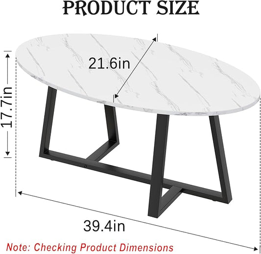 Wolawu Coffee Table Small Oval Table,White Faux Marble Table for Living Room, Modern Center Tea Tables for Small Space,Wooden Tables End Tables with Sturdy Black Metal Leg