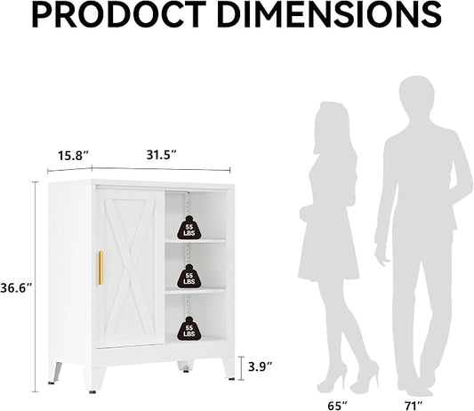 COFaR White 37" H Sliding Door Storage Cabinet, Half Open Half Closed Design, 3-Tier Kitchen Organizer with Adjustable Shelves, 150 lbs Top, Metal Coffee Bar & Buffet Sideboard for Dining Room