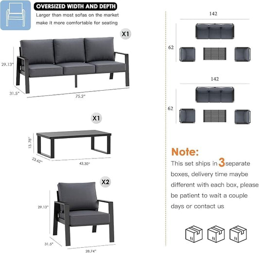 Aluminum Outdoor Patio Furniture Set, 4 Piece Sectional Coversation Sets with Coffee Table, Modern Outdoor Sofa Couch with Thick Cushions for Porch, Balcony, Garden, Dark Grey