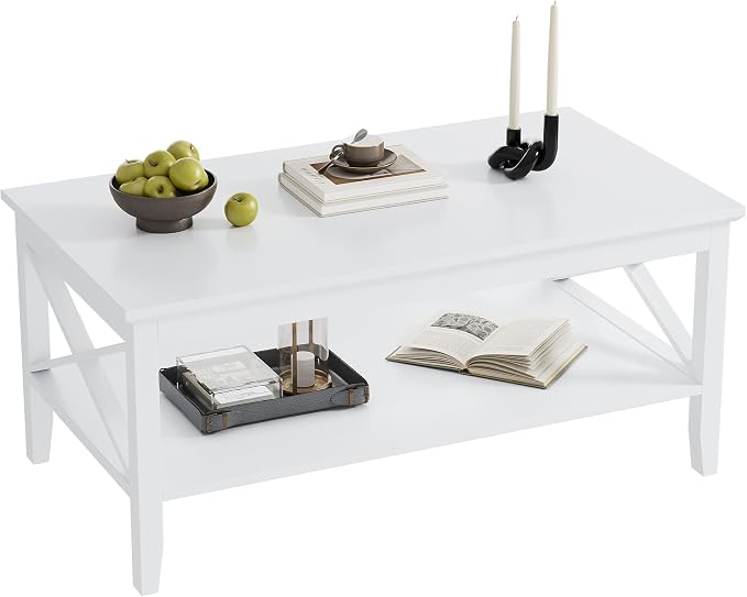 ChooChoo White Coffee Table Classic X Design for Living Room, Rectangular Modern Cocktail Table with Storage Shelf, 39 Inch