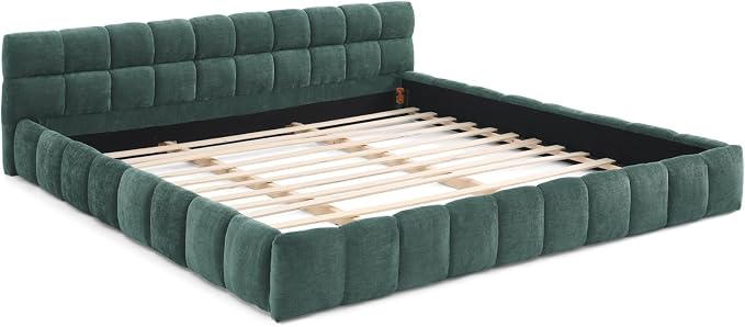 KEIKI California King Thick Chenille Platform Bed Frame with Upholstered Tufted Headboard, Modern Solid Wood Floor Platform for Bedroom, No Box Spring Needed
