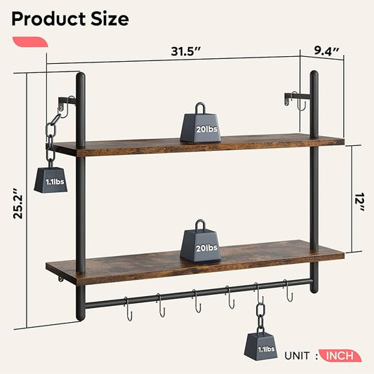 Bestier Pipe Shelf Industrial Floating Shelving 31" Kitchen Wall-Mounted Shelf with Towel Bar Hooks Coffee Bar Shelves Wine Hanging Display Rack Bookshelf Living Room Decor Bathroom-Rustic Brown