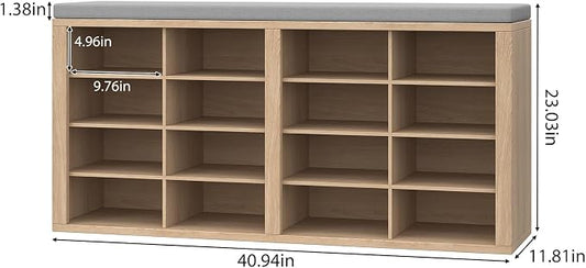 Shoe Rack Bench, Shoe Storage Bench with Cushion, Shoe Organizer 16 Cubbies for Entryway Hallway Bedroom Living Room, Holds Up to 400lbs