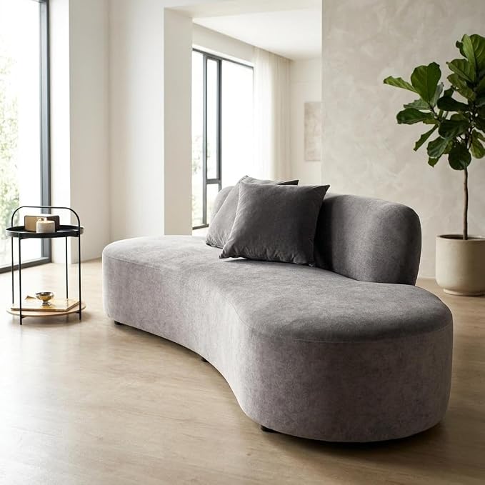Container Furniture Direct 90" Curved Sofa with Throw Pillows, 4 Seater Luxury Velvet Couch with Half Moon Design and High-Density Foam, Ideal for Modern Living Room, Office & Apartment, Grey