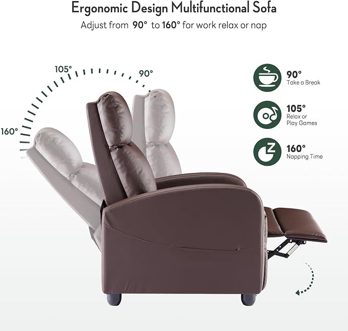 Recliner Chair, Recliner Sofa PU Leather for Adults, Recliners Home Theater Seating with Lumbar Support, Reclining Sofa Chair for Living Room, Brown