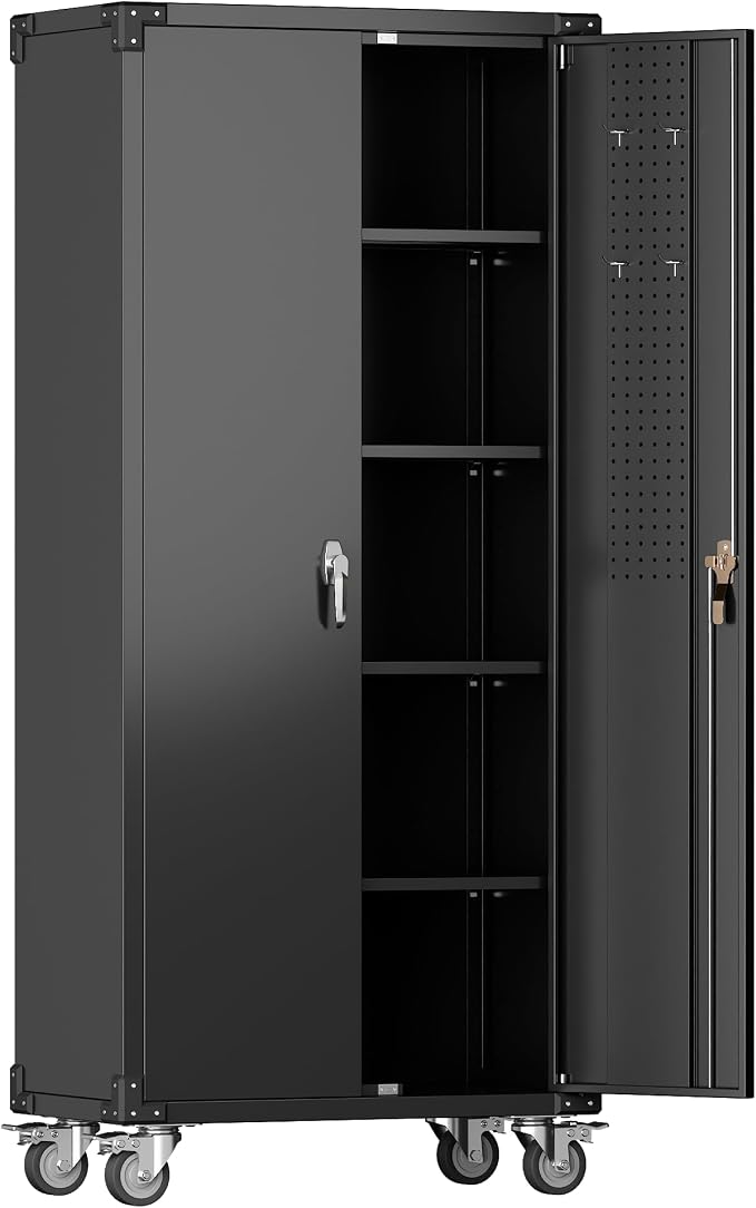 72-Inch H Black Metal Garage Storage Cabinet with Wheels & Pegboard, Locking 2-Door Rolling Storage Cabinet with 4 Adjustable Shelves for Garage, Workshop & Home Office