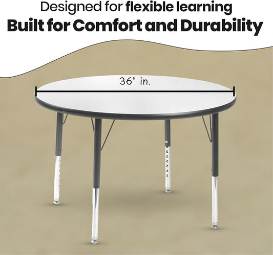 Schooled Round Activity Kids Table About 36 inch (90cm) - Height Adjustable Legs - Durable Spray Edge - for Commercial Spaces