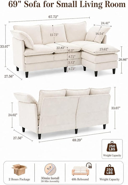 Convertible Sectional Sofa, 69" Small Cloud L-Shaped 3-Seat Couch with Movable Ottoman & Curved Armrest, Modern Chenille Fabric for Living Room, Apartment and Small Space, Beige