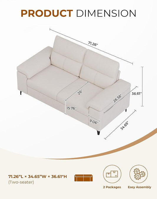 Upvilla 71.25" Modern Sofa Couch for Living Room, Deep Seat Sofas with 8”Cushion, Comfy 2-Seater Chenille Loveseat with Convertible Armrest, Removable Sofa Cover, High Leg (Beige)