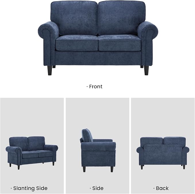 Kingfun Loveseat 2 Seater Couch, Mid Century Modern Chenille Sofa with Rolled Arms and Deep Seats, Fluffy Comfort for Living Room, Apartment, Easy Assembly, Blue
