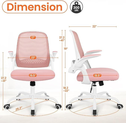 NEO CHAIR Office Chair Computer Desk Chair Ergonomic Gaming Comfy Mesh with Flip-up Arms Lumbar Support Adjustable Height Rolling Wheels for Home Office (Pink)