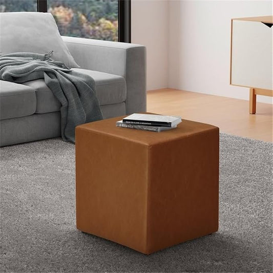 Studio Living Warren 18" Cube Ottoman, Urban Transitional, Fully Assembled, Vegan Leather Fabric, Carmel