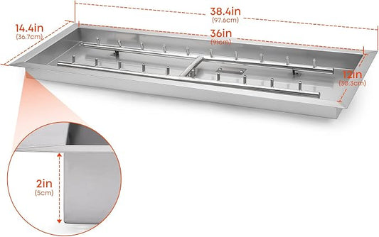 Stanbroil 36 x 12-Inch Rectangle Drop-in Fire Pit Pan with Jet Burner, 304 Stainless Steel Gas Firepit Insert for DIY Firepit Table, High Flame150,000 BTU Max