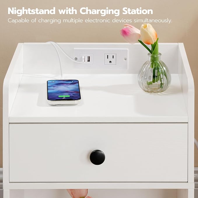HOOBRO Nightstand with Charging Station, End Table with Drawer and Opening Shelf, Bedside Table with USB Ports and Outlets, Small Night Stand for Bedroom, Simple Style, White WT18UBZ01