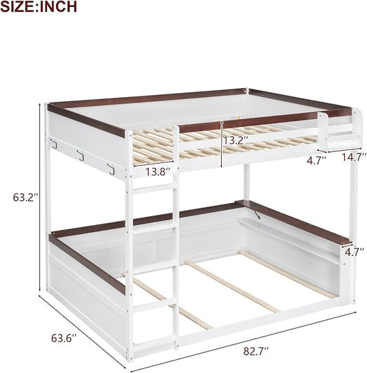 RUNNA Queen Bunk Bed with Shelves,Storage Box,LED,USB Charging,White | Queen bunk bed with shelves, storage box,LED light,USB charging, solid wood frame,guardrails,no box spring needed,white