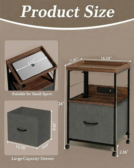 Faesun Swivel Lift Top Nightstand with Charging Station, Rolling Night Stand with Fabric Drawer, Adjustable Bedside Table for Bedroom, Living Room, Walnut Gray, Pro